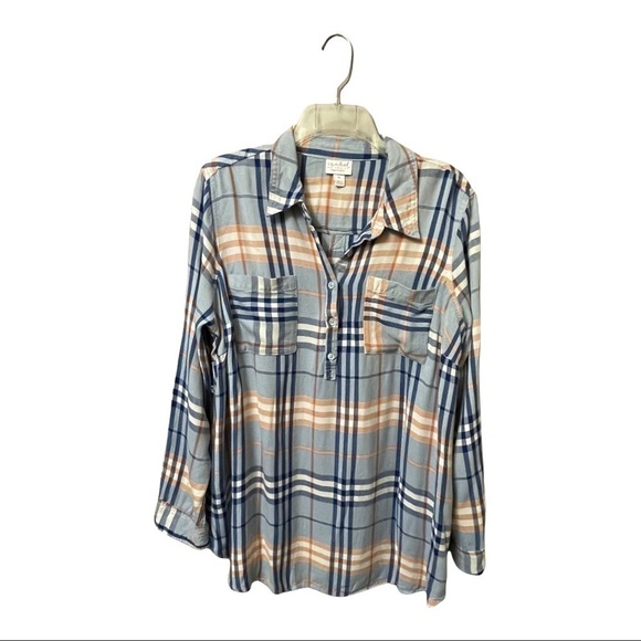 Maternity plaid blue/pink/white 1/4 button placket rayon tunic collar pastel XL - Picture 1 of 4